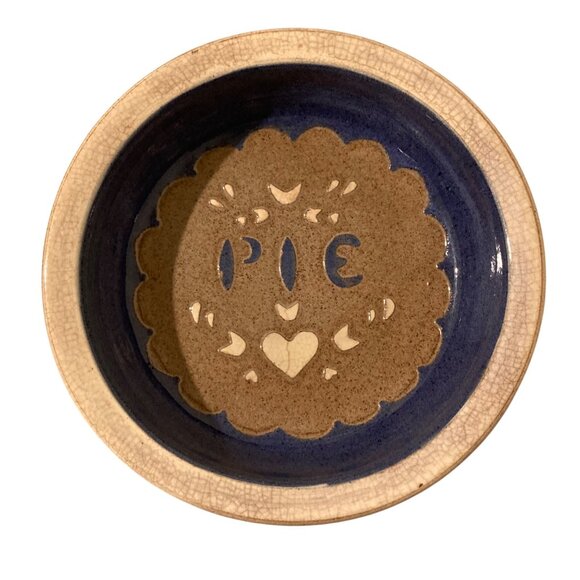 Clay City Pottery CCP Pie Plate Deep Dish Blue Stoneware Hearts Signed 10” - Picture 1 of 5